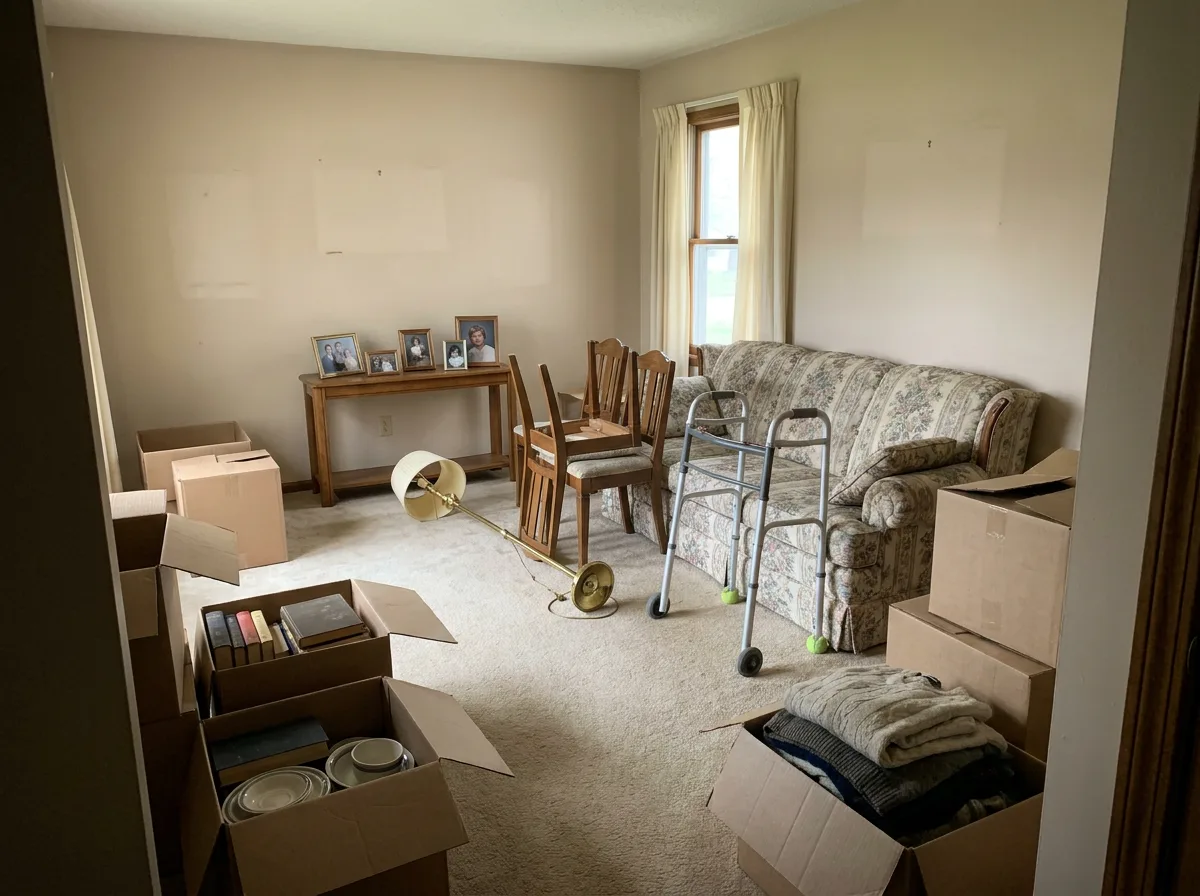 Modest beige-carpet living room mid-cleanout, faded floral sofa pulled away from wall, cardboard boxes of books and dishware on the floor, dining chairs stacked, a walker leaning against the couch