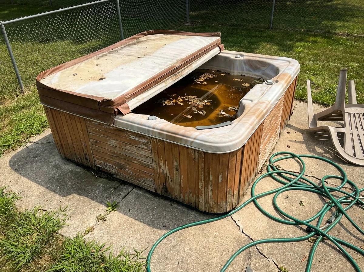 Weathered backyard hot tub on a concrete pad, surrounded by overgrown grass, ready for removal